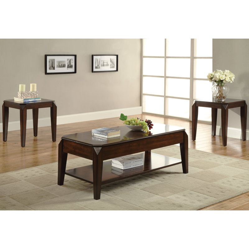 Table basse à finition documentaire avec plateau relevable