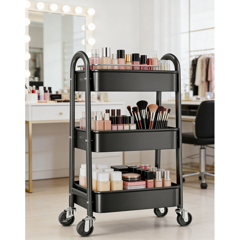 Chariot utilitaire roulant à 3 niveaux avec roues, paniers de rangement, crochets et tasses - Organisateur en métal robuste pour la cuisine, le garde-manger, la salle de bain et la maison