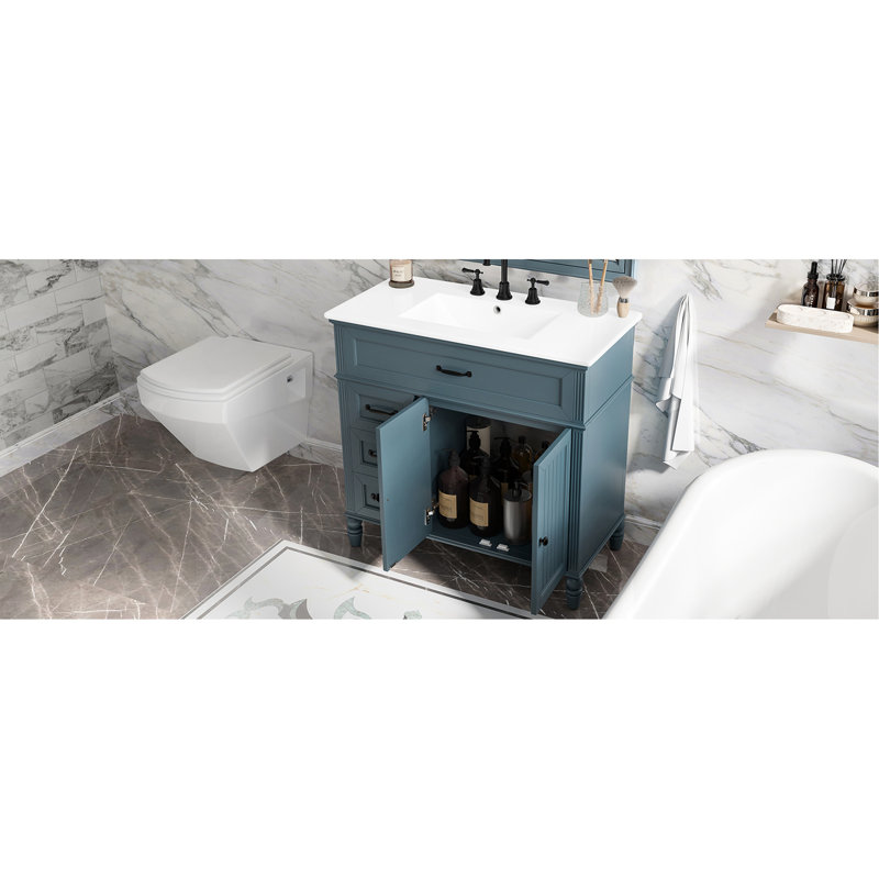 Meuble-lavabo de 36 pouces, armoire bleue, structure en bois, panneaux, lavabo en céramique lisse, tiroirs de rangement, finition imperméable pour porte, composants d'assemblage de quincaillerie, surmatelas peint