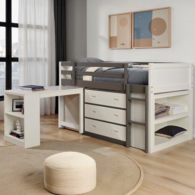 Lit superposé simple blanc et gris contemporain avec tablettes ouvertes, bureau gigogne, armoire à 3 tiroirs, côté attaché, option de configuration de chambre à coucher en bois d'ingénierie Pinewood