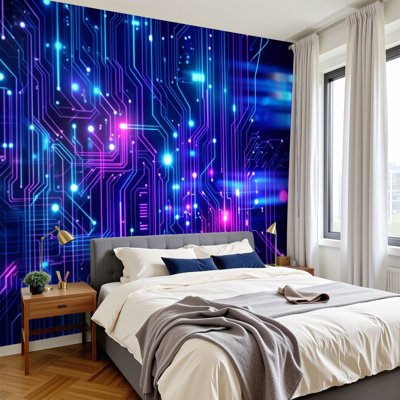 Papier peint adhésif futuriste néon brillant bleu mauve technologie L 69 po x l 96 po, papier peint amovible en PVC pour mur de salle de jeux pour garçons Bureau à domicile