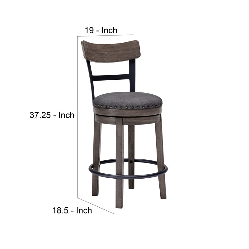  Tabouret de bar gris pivotant rembourré avec dossier en bois massif de 37,25 po de hauteur