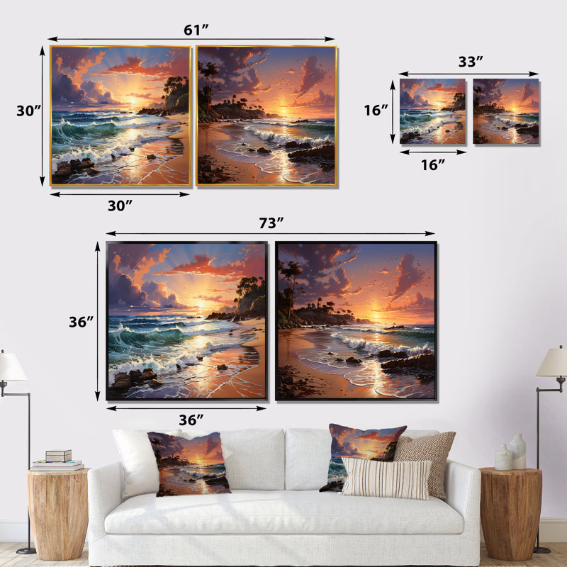 Olivas - Ensemble de 2 collages nautiques et carrés de plage, Cadre flottant noir, H 36 po x l 73 po