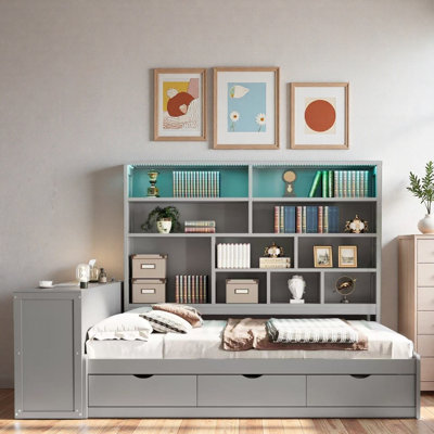 Wooden Daybed With 3 Drawers, Desk, Open Shelves, Lights And Charging Station