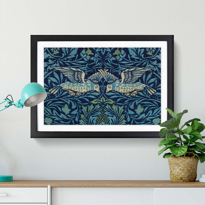 Birds & Flowers Pattern by William Morris - Picture Frame Painting Print on MDF, Black Framed, 36cm H x 48cm W x 2cm D