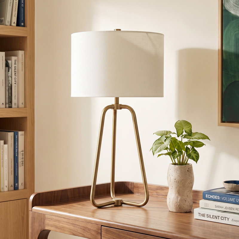 Gio 25.5" Tall Table Lamp with Fabric Shade in Brass/White, Antique Brass