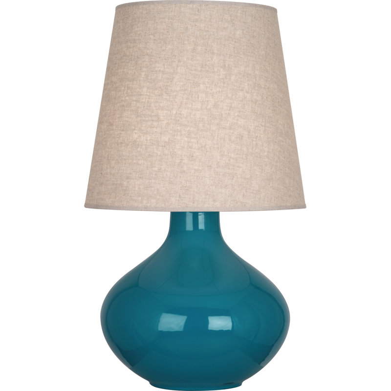 June Ceramic Table Lamp, Buff Linen, Peacock