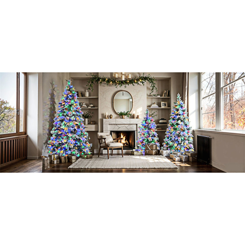 Arbre de Noël enneigé pré-éclairé avec pommes de pin, 4'