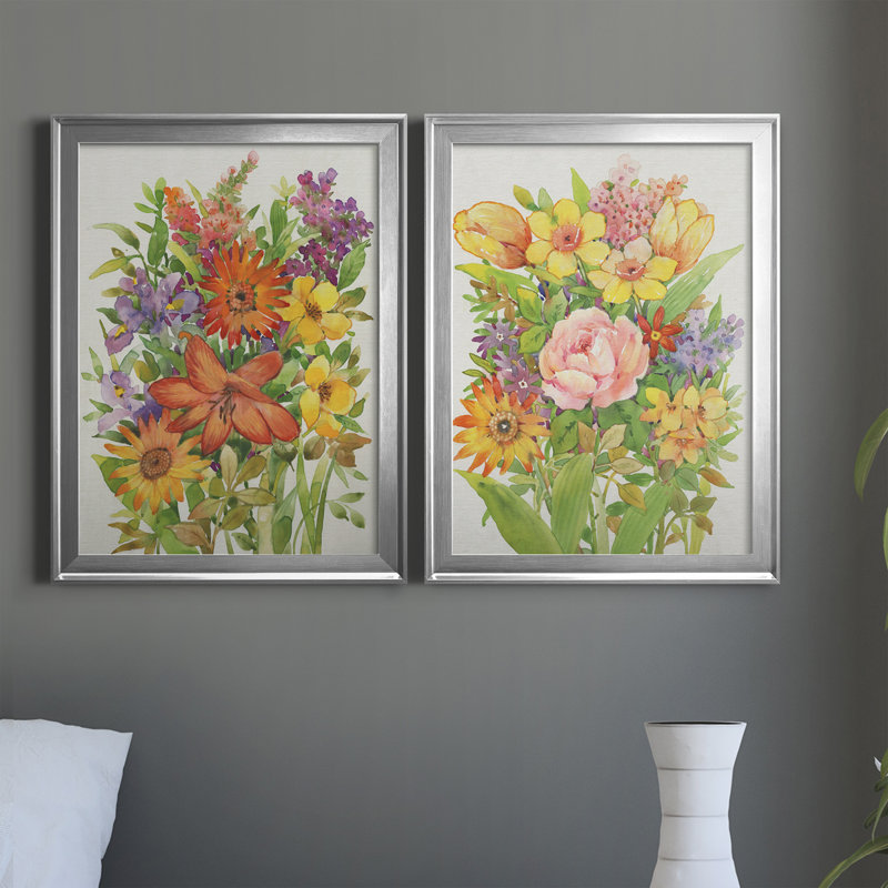 Floral Mix I - ensemble de 2 impressions encadrées sur toile, Cadre argenté, H 36,5 po x l 26,5 po x P 1,25 po