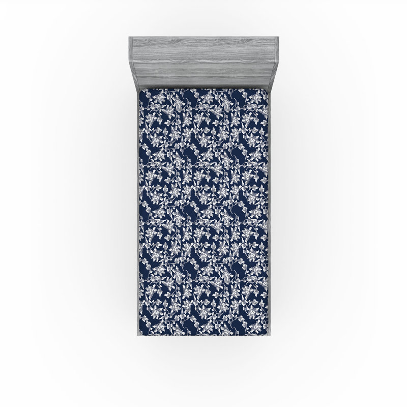 Ambesonne Fitted Sheet 2-Pack, Twin Fitted Sheet, Dark Blue/White Floral