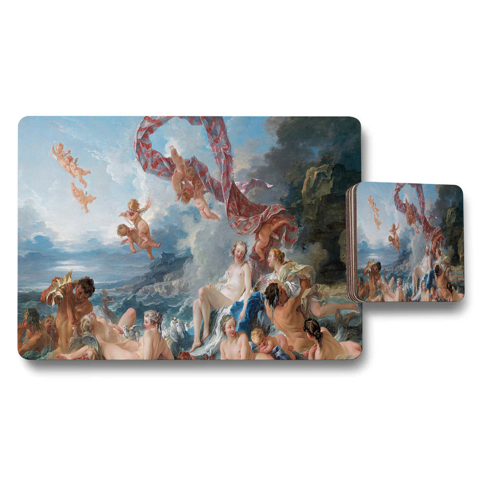 Placemat And Coaster Set With Classical Beach Scene Artwork