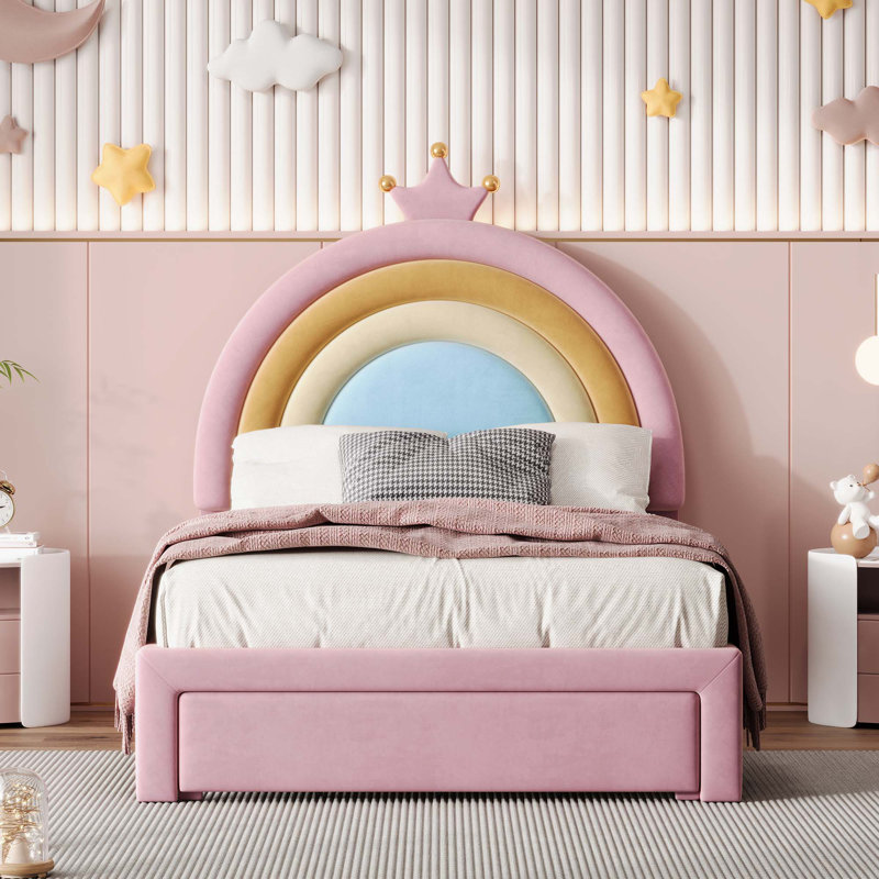 Upholstered Rainbow Design Bed, Velvet Princess Platform Bed, Twin