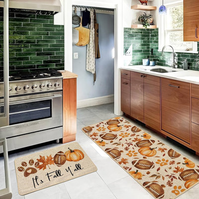 2-Piece Fall Kitchen Mat Set – Pumpkin, Maple Leaf & Dog Paw Design Rugs for Farmhouse Kitchen Décor, 17x29 & 17x47 Inch