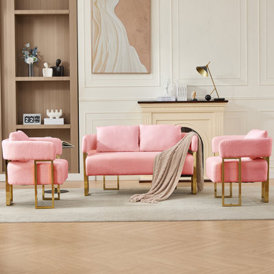 Chaise décorative moderne, chaise d'appoint de salon avec pieds en métal doré, sans roulettes, convient au vestiaire, à la salle de réception, au bureau, aux canapés en métal rembourrés en molleton rose (ensemble combiné)