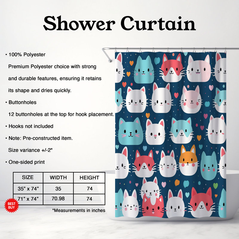 Adorable Kitty Art - Rideau de douche standard 1 pièce, H 74 po x l 71 po