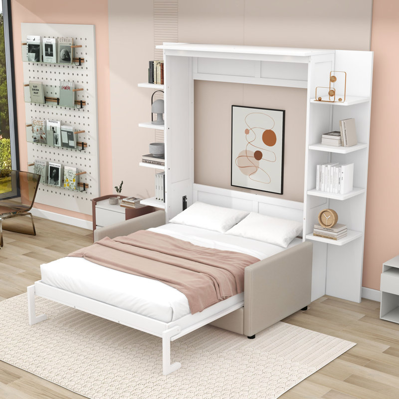Grand lit escamotable en bois avec lumières et tablettes, Blanc