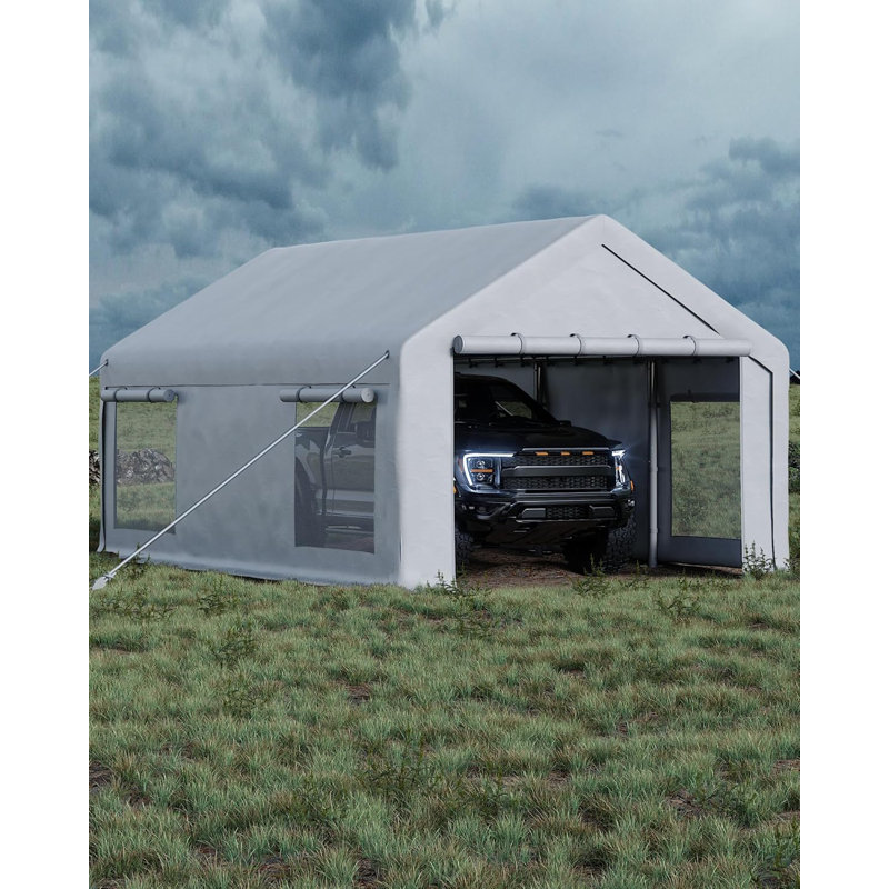 10x20 ft Portable Garage, Car Port with 200 g PE Tarp Cover, with Front & Rear Roll-Up Doors and 4 Windows, White
