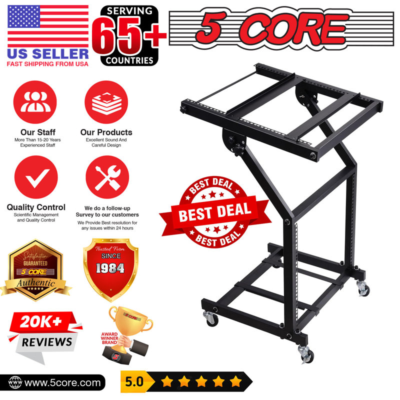 5 Core 9U Professional Audio Rack Mount DJ Mixer Stand Studio Adjustable Table Cart with Wheels