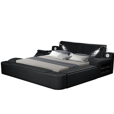 Contemporary Queen Size Bed With Remote - Controlled Massage, Audio And Device Charging In Black Bedroom Furniture Design Multifunctional Built Entertainment Side Storage Solutions