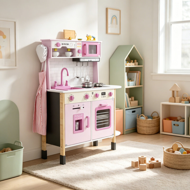 Kids Wooden Kitchen Playset, Height-Adjustable Pretend Play Stove W/ Lights & Sounds, Bpa-Free Montessori Kitchen W/ 30+ Play Food Accessories, Ages 3–7