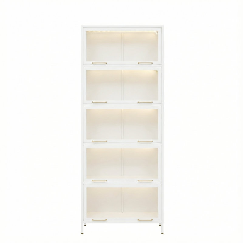 76.7" Tall Iron China Cabinet With Flip-Up Sliding Tempered Glass Doors, Freestanding Storage Curio Cabinet With 5 Led Lighting Shelves And Powder-Coated Steel Frame