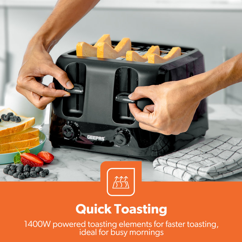 GEEPAS 4 Slice Toaster 6 Browning Levels with 2 Controls, Cancel Function 2 Removable Crumb Trays 1400W, Black