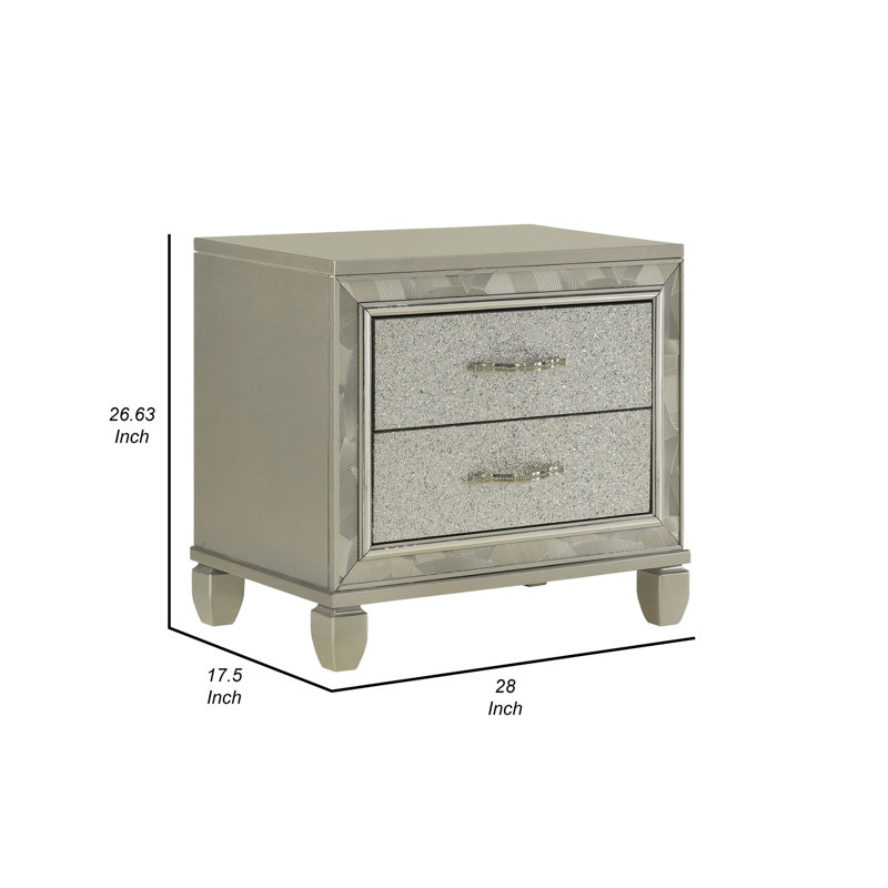 Table de chevet 28 po Merlyn, 2 tiroirs incrustés de strass, poignées chromées, argent