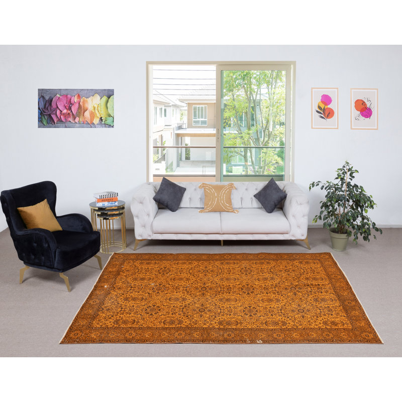 6.3x9.5 Ft Vintage Handmade Turkish Wool Area Rug Overdyed in Orange for Contemporary Interiors