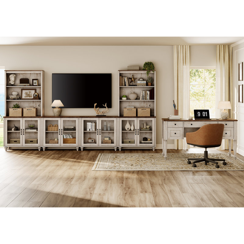 Living Room Table Set 56" Farmhouse Desk & 75" TV Stand With Bookshelves, Morden Home Office Desk With Glass Door Storage Cabinet, Wooden Computer Desk With File Drawers For Home Office, Rustic White