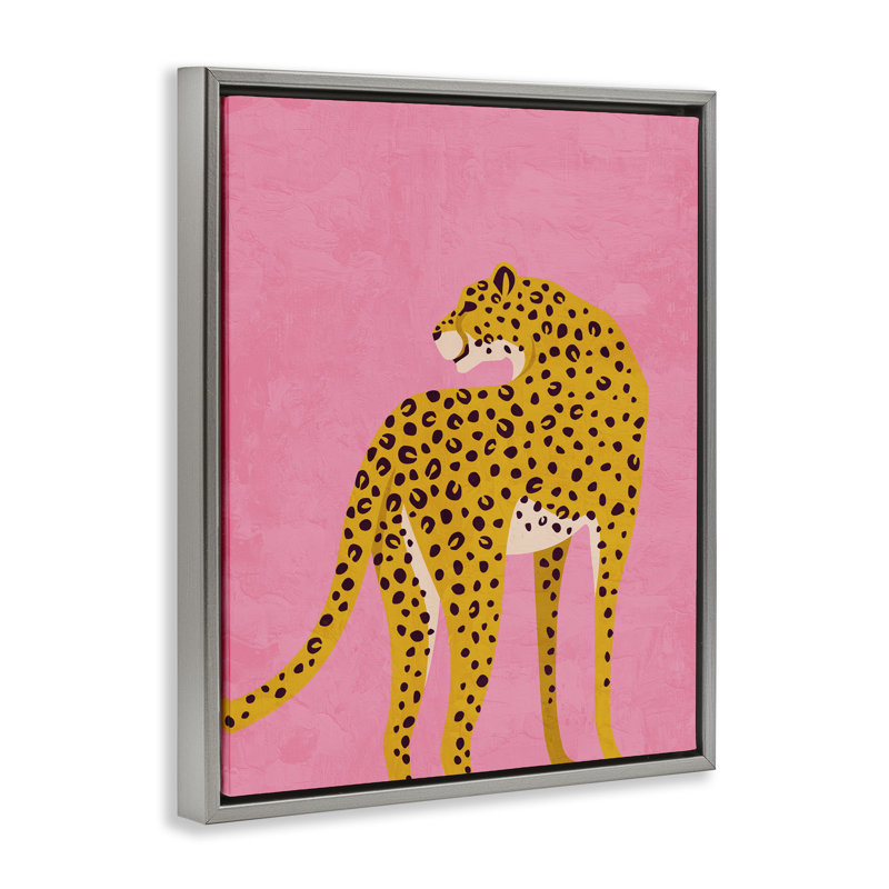 Léopard sur cadre flottant rose Serenade, design par Kim Allen, H 31 po x l 25 po, Cadre flottant gris lustré