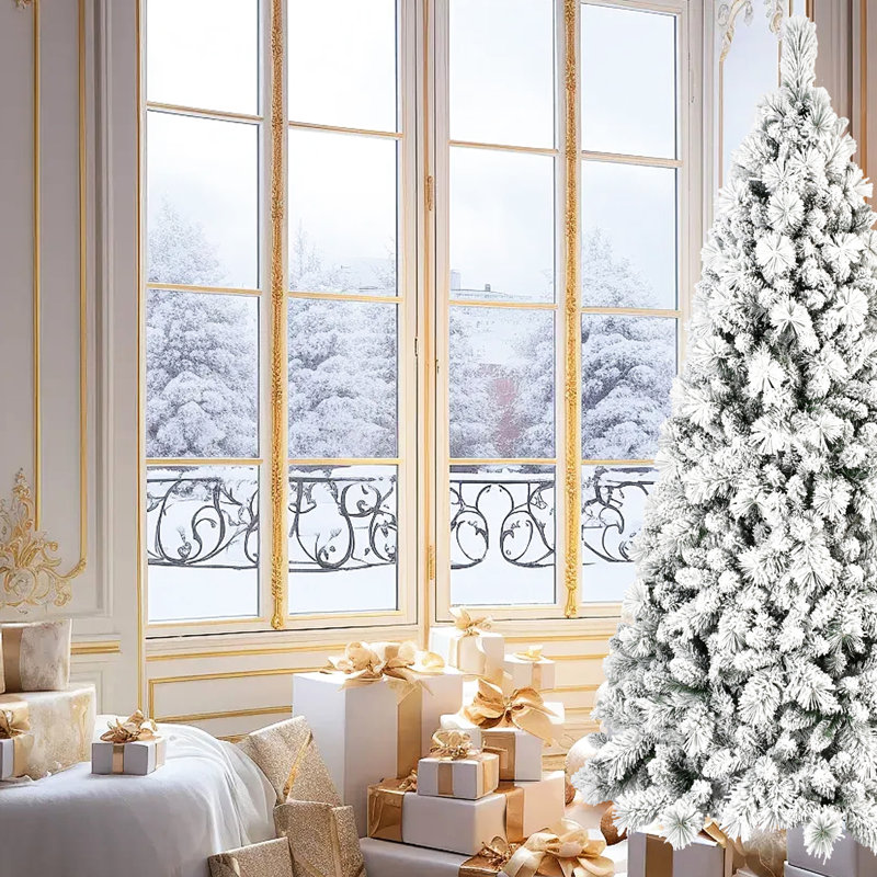 Arbre de Noël enneigé 7 pi, 450 lumières blanc chaud, 1060 pointes recouvertes de neige pleine branche et branches à aiguilles dures, conception à charnières pour un assemblage sans effort, base en métal arbre de 84 po