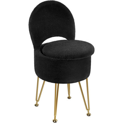 Tabouret de coiffeuse noir en fausse fourrure - Rangement pliant 4 pieds en métal antidérapants pour la chambre