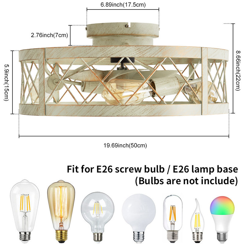 Ventilateur de plafond en or blanc 19,7 po avec télécommande et ensemble d'éclairage Ramseur