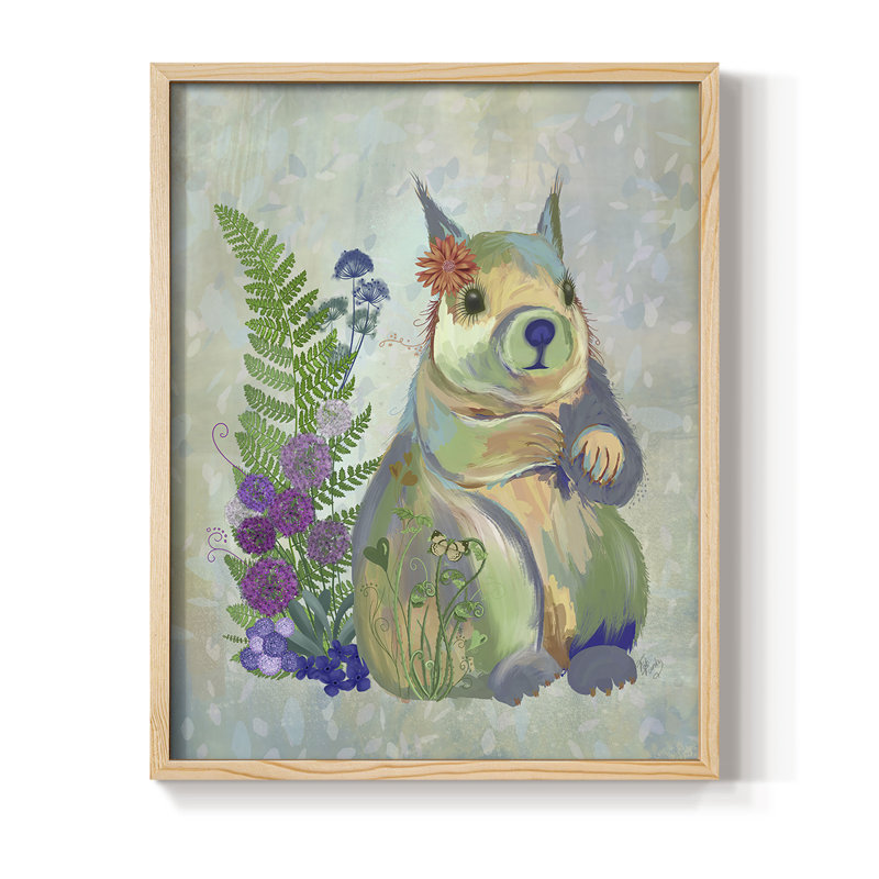 Fantastic Florals Squirrel Framed Print - Solid Wood, 21" H x 17" W