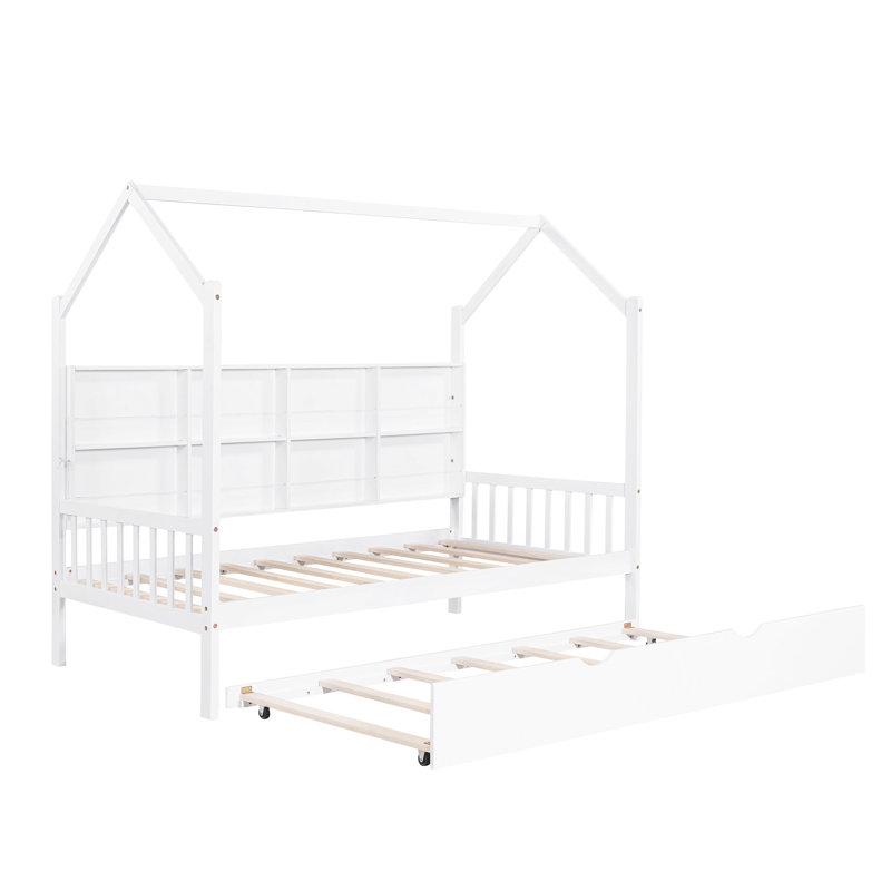 Lit simple blanc avec lit gigogne et tablette, lit confortable pour la structure, aire de jeu semi-fermée, Lit simple