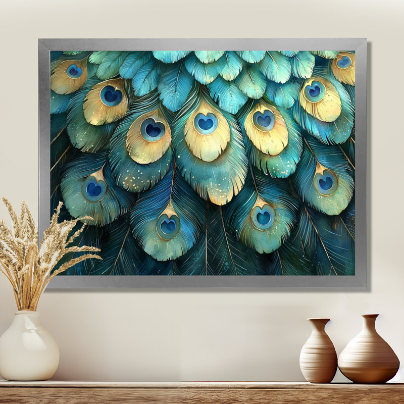 Collage de plumes de paon bleu et vert Grinstead II - oiseau, art mural, H 24 po x l 32 po, Cadre simple, Argent argent