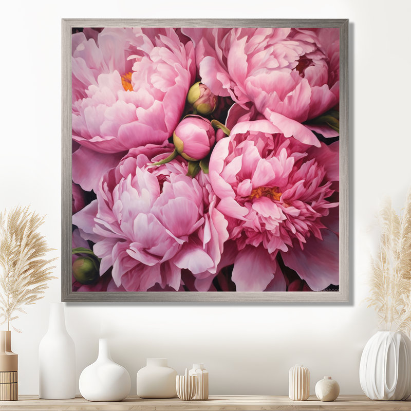 Pivoine rose verte captivante II - art floral sur toile, H 36 po x l 36 po x P 1,5 po, Cadre photo argenté