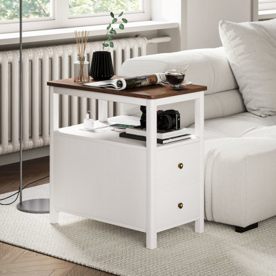 Living Room Narrow Side Table With Charging - End In White Versatile Storage Drawers & Shelf Station For Room, Modern Style Shelf, 2 Ports, Stable Tabletop