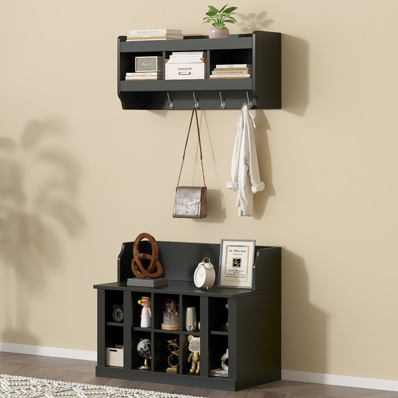 Banc de rangement pour chaussures avec tablettes et 4 crochets ON-TREND, Noir