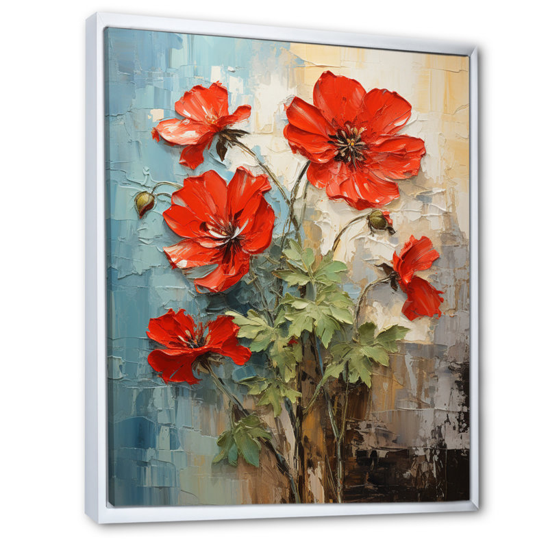 Rouge géraniums rouge écarlate Patchwork II - art mural floral et botanique salon, Cadre flottant blanc