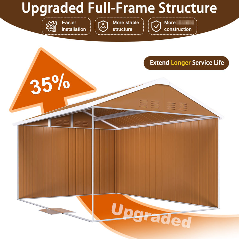8X12 Ft Large Metal Storage Shed With Lockable Door, Ventilation And Smart Space - Saving For Backyard, Lawn Garden Equipment Brown Iron Structure Stabilized Frame 12X8 Outdoor Windows, Roof Spacious