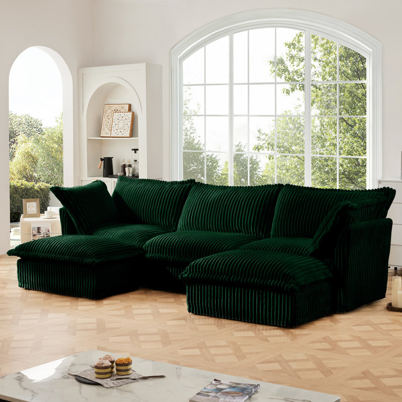 Evelyn U-Shaped Corduroy Sectional Sofa with 2 Ottomans, Velours côtelé vert, H 34,6 po x l 120 po x P 55 po