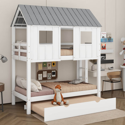 Twin Over Twin House Bunk Bed With Trundle, Wooden Bunk Bed With Trundle, Roof And Windows, Playhouse Bed For Kids