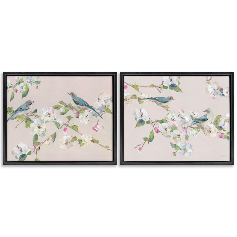 Ensemble de 2 toiles flottantes avec vue sur les fleurs et oiseaux, design par Sally Swatland, H 25 po x l 31 po, Noir