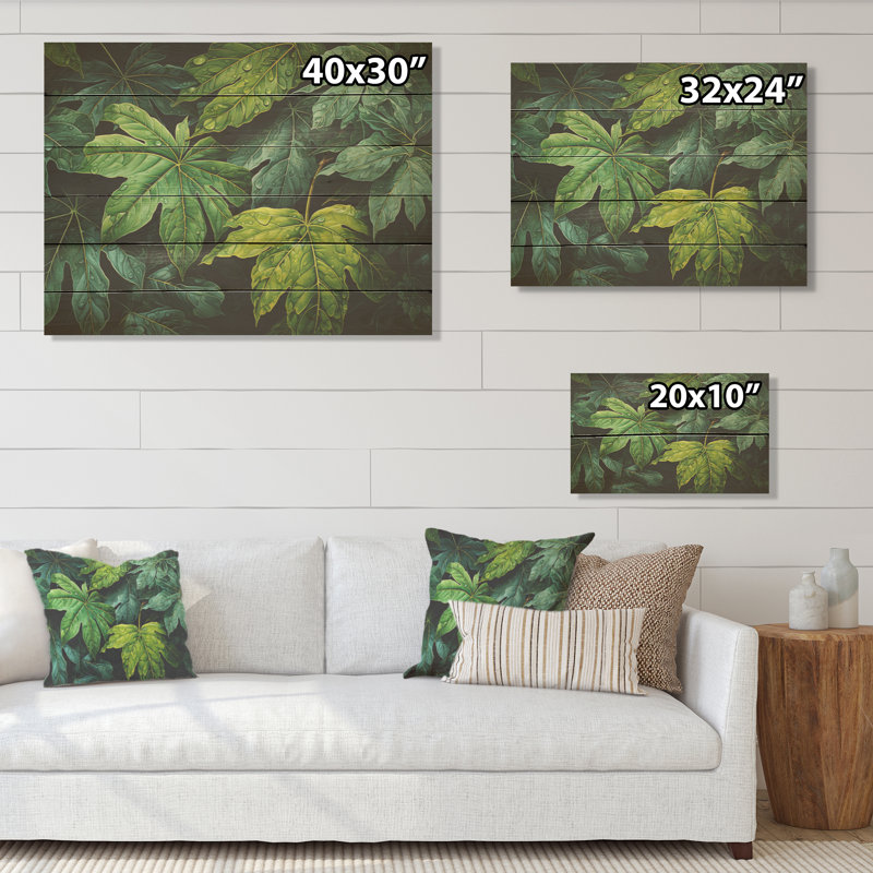 Toile émeraude, forêt tropicale, feuilles I - feuilles, art mural sur bois de pin naturel, H 10 po x l 20 po