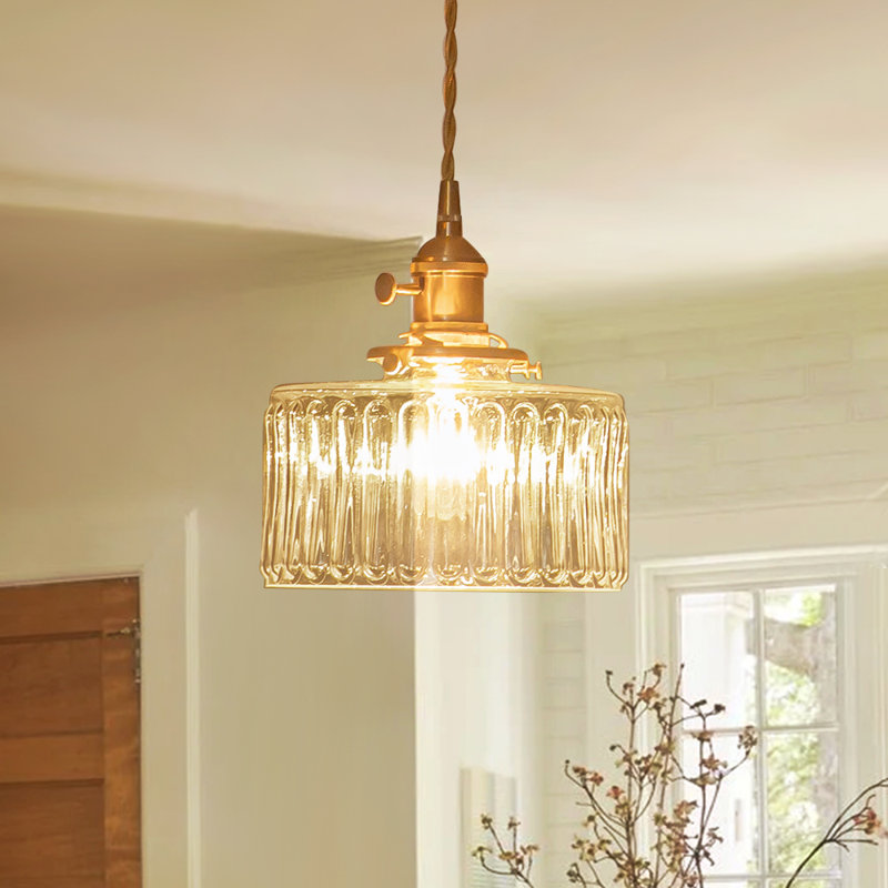 Vintage Single Light Cylinder-Shaped Ribbed Glass Pendant Light