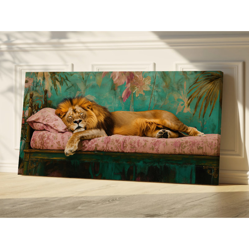 Lion endormi dans un lit rétro, art mural jungle, toile prête à accrocher, H 30 po x l 60 po x P 1,5 po