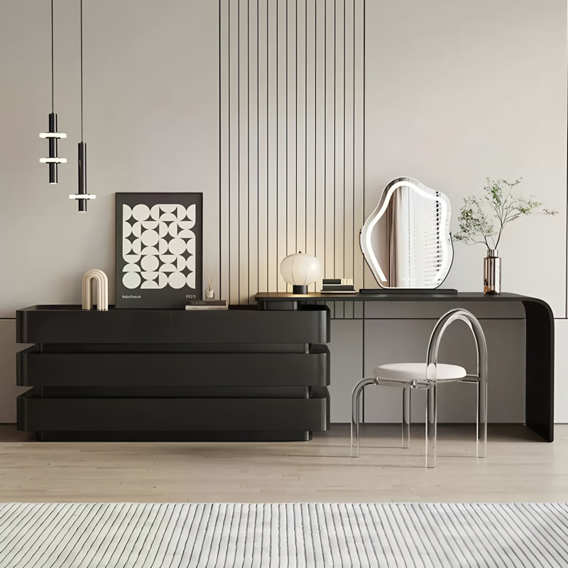 Modern Retractable Makeup Vanity Desk with Ambient LED Lighting, 6-Drawer Large Storage Dressing Table, Black