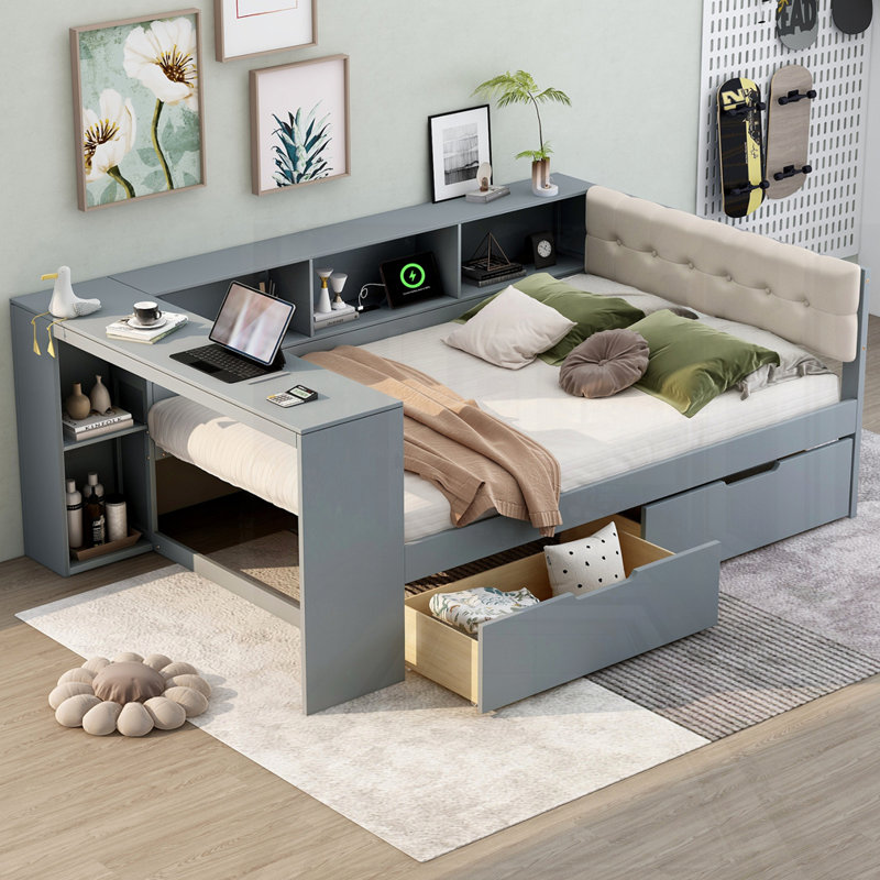 Wooden  Platform Bed With Storage Shelves And Drawers, Full , Gray