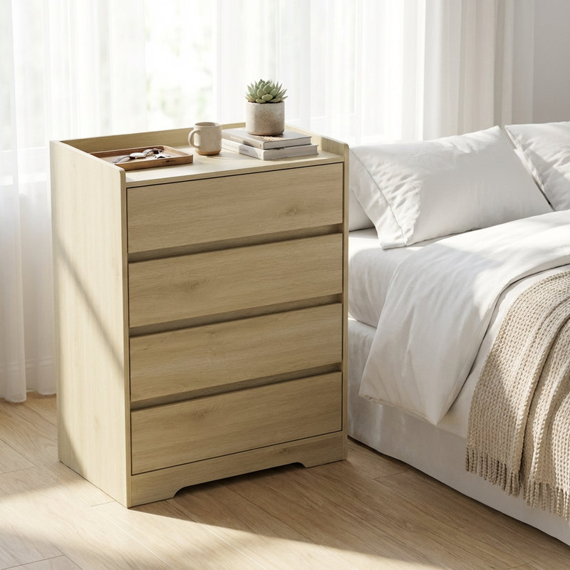 Commode moderne en bois à quatre tiroirs avec finition imperméable et structure robuste